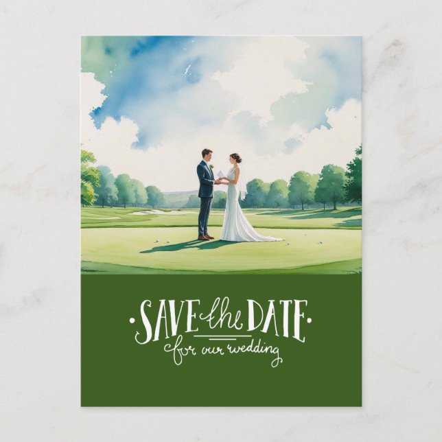 Golf save the date for wedding bride groom  postcard (Front)