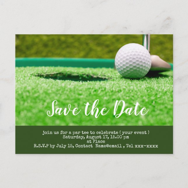 Golf save the date  golf ball putting hole in one postcard (Front)