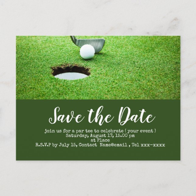Golf save the date  golf ball putting hole in one postcard (Front)