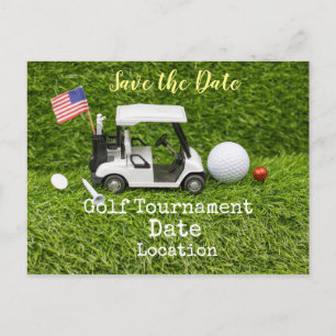 Golf Save the Date with golf ball & American flag  Postcard