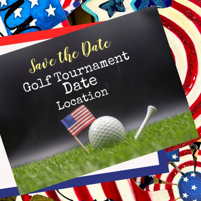 Golf Save the Date with golf ball & American flag Postcard (Creator Uploaded)