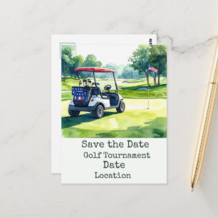 Golf Save the Date with golf ball & American flag Postcard