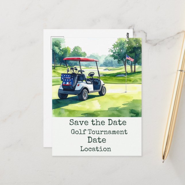 Golf Save the Date with golf ball & American flag Postcard (Front/Back In Situ)