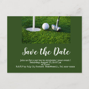 Golf save the date with golf ball and putter postcard