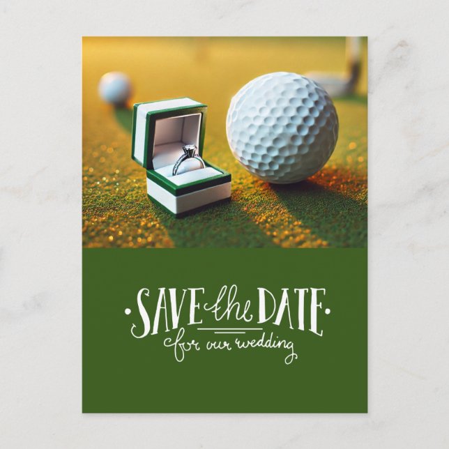 Golf Save the Date with golf ball and ring  Postcard (Front)