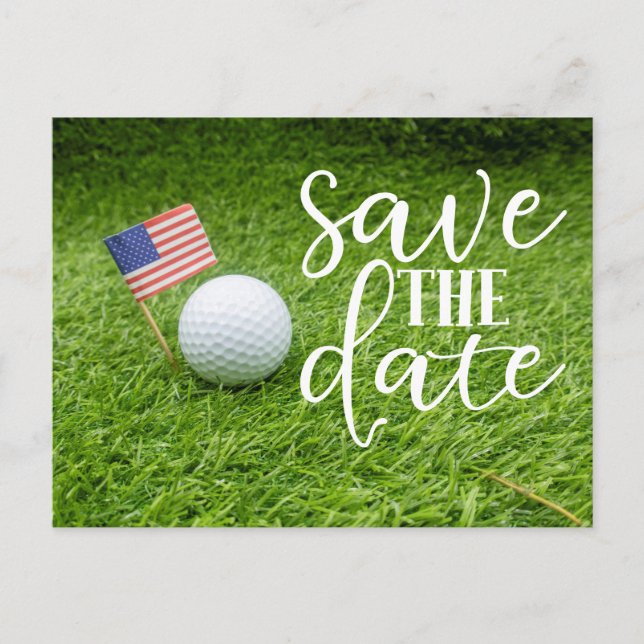 Golf Save the date with golf ball and U.S.A.flag  Postcard (Front)