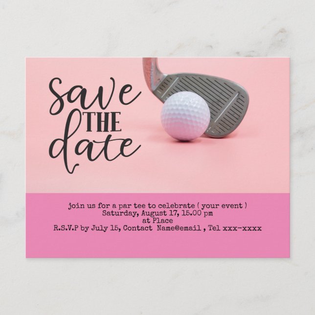 Golf save the date with golf ball for woman pink postcard (Front)