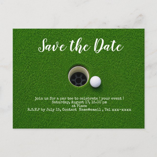 Golf save the date with golf ball next to hote postcard (Front)