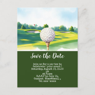 Golf save the date with golf ball on green grass postcard