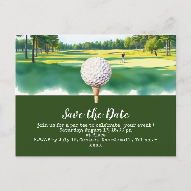 Golf save the date with golf ball  on green grass postcard (Front)