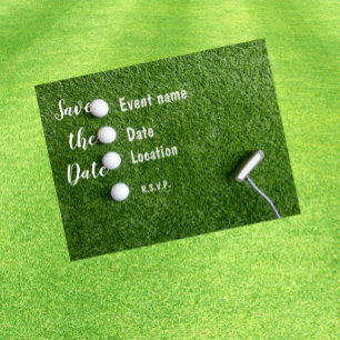 Golf save the date with golf ball on green grass postcard