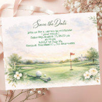 Golf save the date with golf ball ON PUTTING GREEN