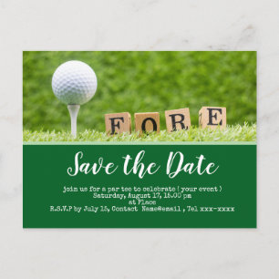 Golf save the date with golf ball on tee postcard