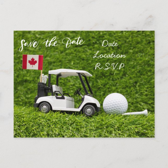 Golf save the date with golf cart  Flag of Canada Postcard (Front)
