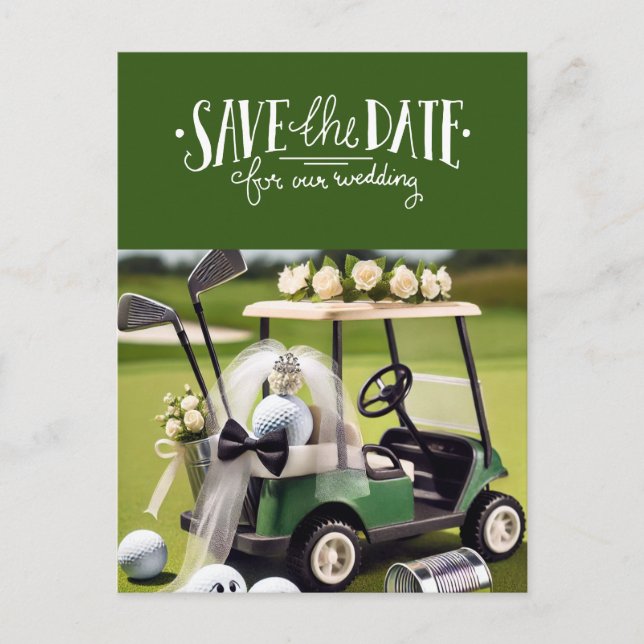 Golf Save the Date with golf cart on green Postcard (Front)