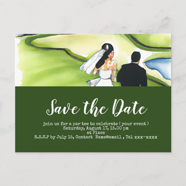 Golf save the date with golfer bride and groom postcard (Front)