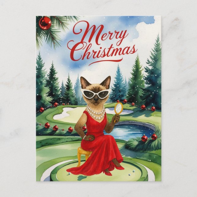 Golf Siamese Cat is in Christmas Golf Course Holiday Postcard (Front)