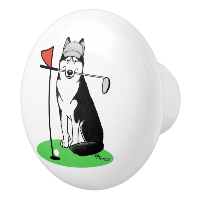 Golf Siberian Husky (black) Dog Playing Cute Funny Ceramic Knob (Right)