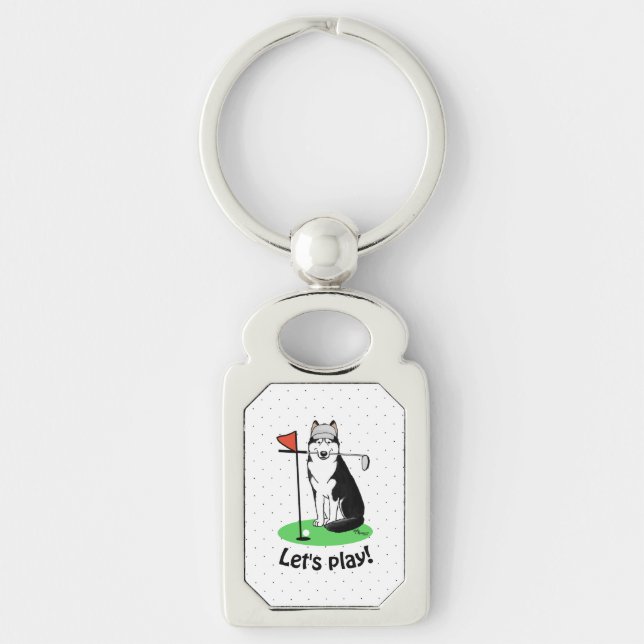 Golf Siberian Husky (black) Dog Playing Cute Funny Key Ring (Front)