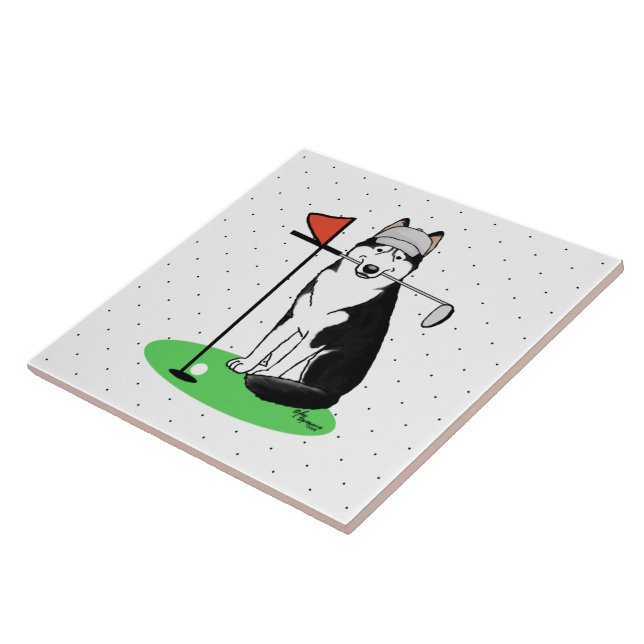 Golf Siberian Husky (black) Dog Playing Cute Funny Tile (Side)