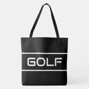 GOLF Sporty Fun White Text Stripes On Modern Black Tote Bag