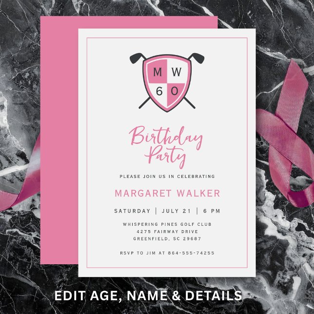 Golf Stylish 60th Adult Birthday Party Modern Pink Invitation (Clean layout keeps party details stylish and easy to read.)