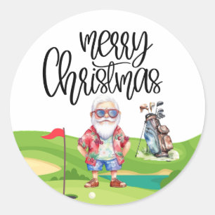 Golf Summer  Christmas with Santa Claus at flag   Classic Round Sticker