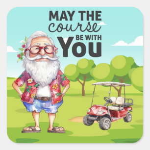 Golf Summer Christmas with Santa Claus at flag Square Sticker