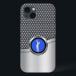 Golf Swing Sporty Metallic Look iPhone 13 Case<br><div class="desc">A custom protective case with masculine appeal,  this design features a grey mesh pattern with silver faux metallic accents. Embellished with a silver,  black and blue round medallion with a golfer teeing off,  this design is great for the golf enthusiast.</div>