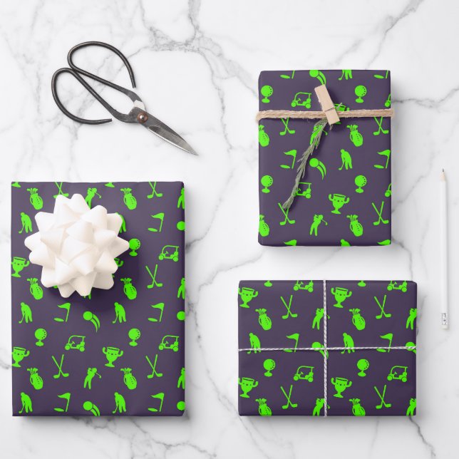 Golf Symbols Cart Clubs Green on Navy Gift Wrapping Paper Sheet (Front)