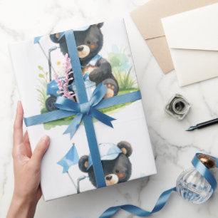 Golf Teddy bear with golf cart on green Wrapping Paper