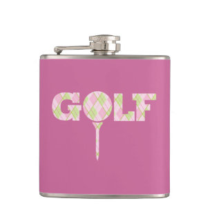 Golf tee logo argyle pink ladies plaid name hip flask