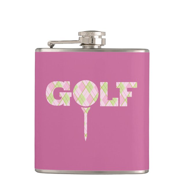 Golf tee logo argyle pink ladies plaid name hip flask (Front)