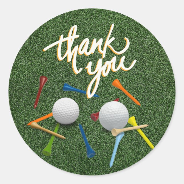Golf Thank you with golf ball and tees on green   Classic Round Sticker (Front)