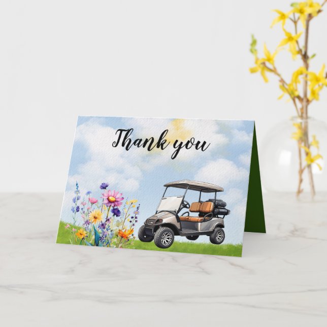 Golf Thank you with golf cart and flowers Card (Yellow Flower)