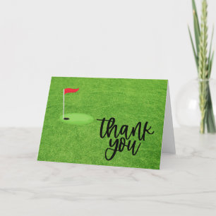 Golf Thank you with text and flag on green grass Card