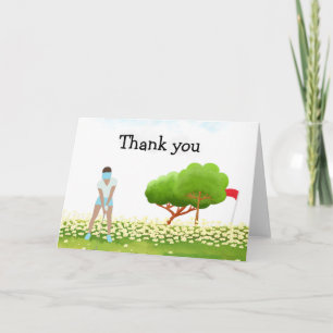 Golf Thank you with text and woman golfer putting Card