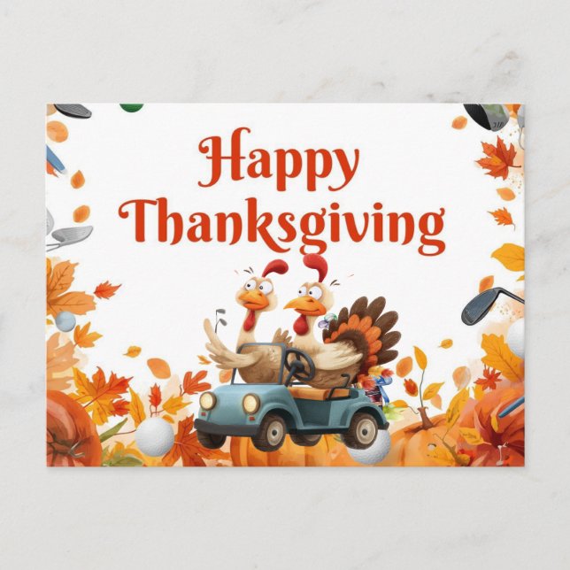 Golf Thanksgiving with golf cart Autumn themed Holiday Postcard (Front)