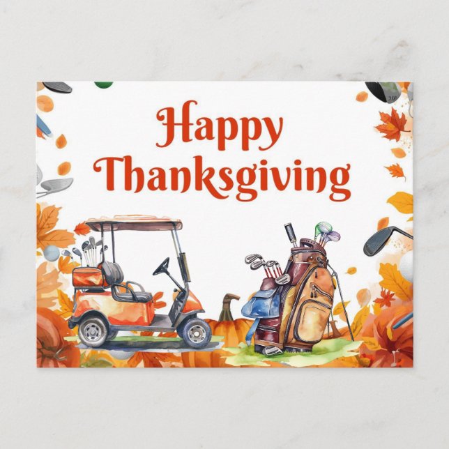 Golf Thanksgiving with golf cart Autumn themed Holiday Postcard (Front)