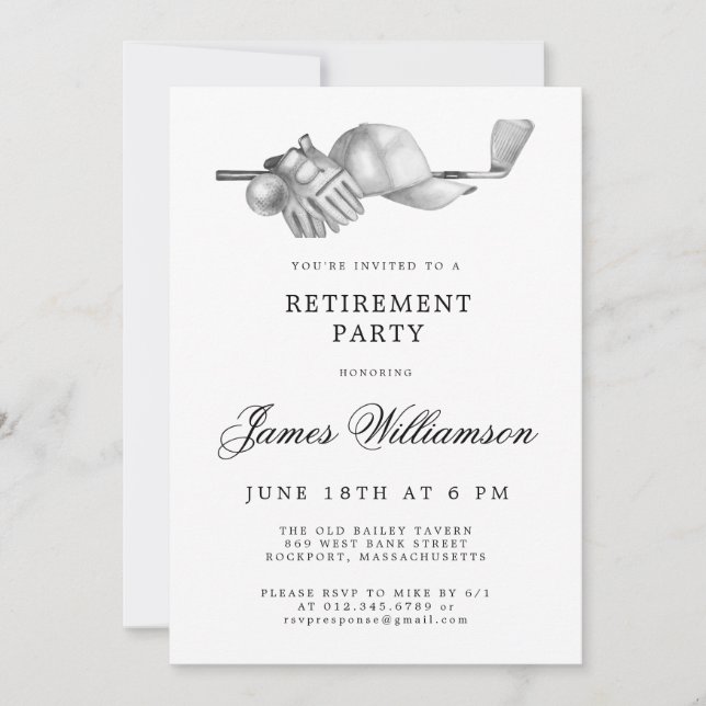Golf Theme Retirment Party Black White Invitation (Front)