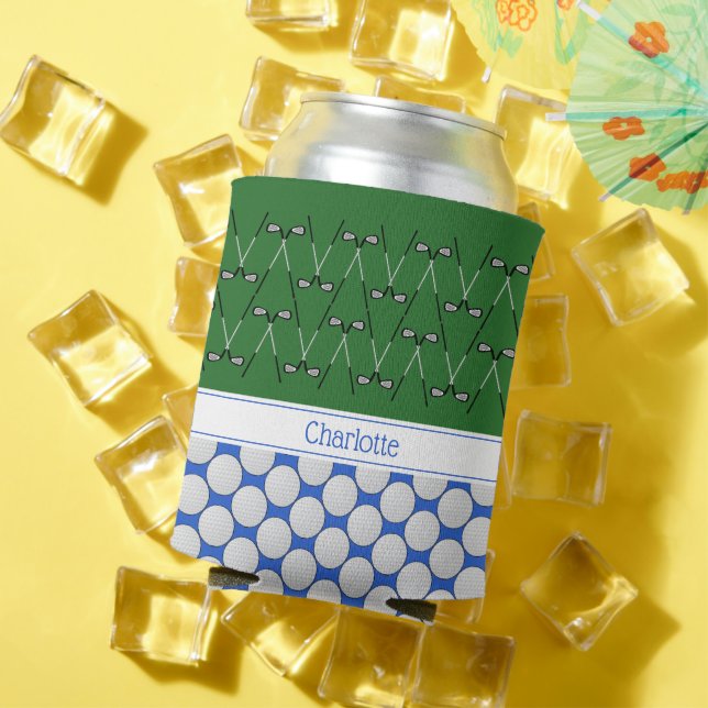 Golf themed pattern custom name green blue can cooler (In Situ Summer)