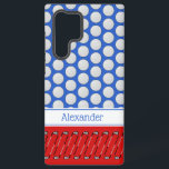 Golf themed pattern custom name red blue samsung galaxy case<br><div class="desc">Golf balls create a bright polka dot pattern on a blue background on this phone case. There is also a white band with blue stripes for you to personalise with a name or other text. A further golf-themed pattern is created using golf clubs on a red background.</div>