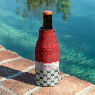 Golf themed pattern custom name red green bottle cooler