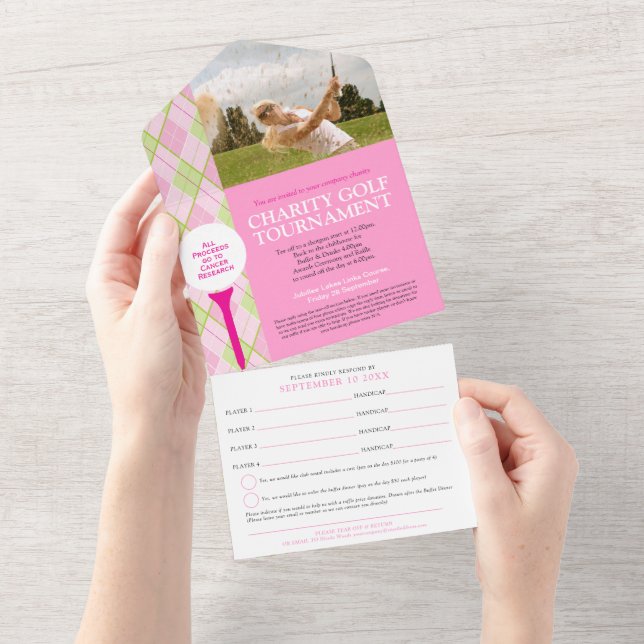Golf tournament pink plaid custom photo RSVP All In One Invitation (Tearaway)