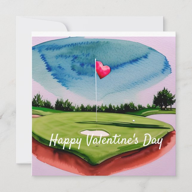 Golf Valentine's Day at golf course watercolor  Holiday Card (Front)