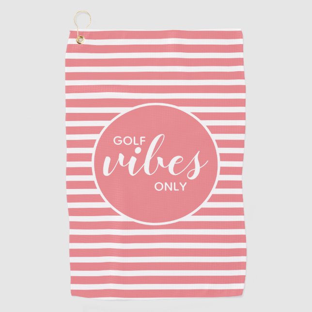 Golf Vibes Only Coral White Stripes Typography Golf Towel (Front)