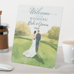 Golf wedding Birde and Groom on Putting Green Pedestal Sign
