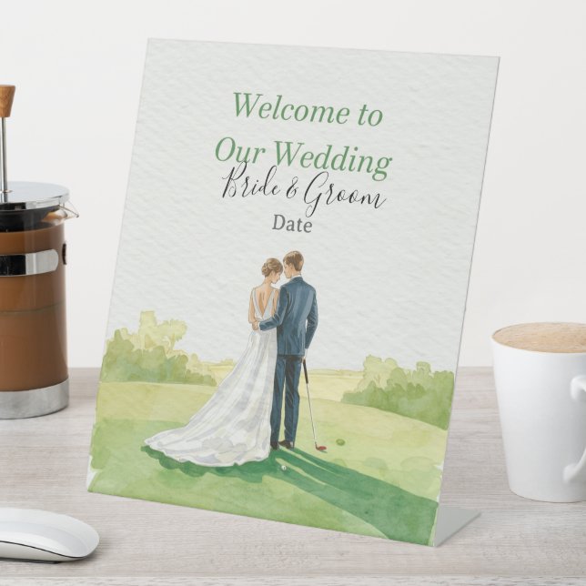 Golf wedding Birde and Groom on Putting Green Pedestal Sign (In SItu)
