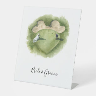 Golf Wedding Bride and Groom on putting green Pedestal Sign