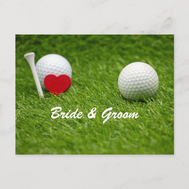 Golf wedding bride and groom tee off  with love postcard (Front)